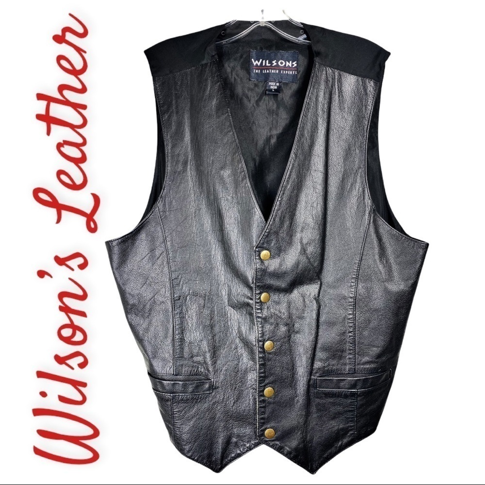 WILSON’S LEATHER Black Leather Biker Moto Vest, Size Large